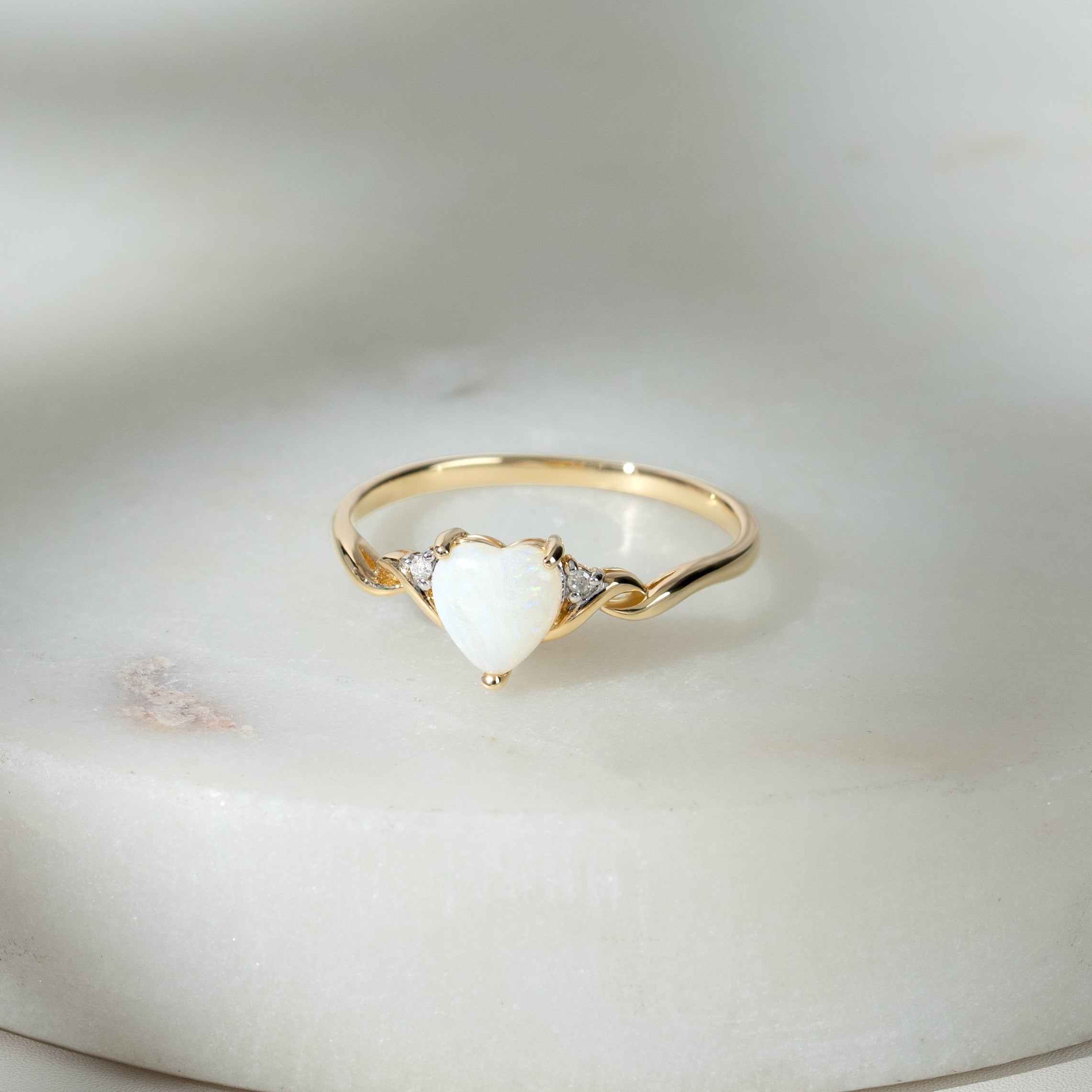 Classic Opal & Diamonds Heart Ring in 9ct Yellow Gold