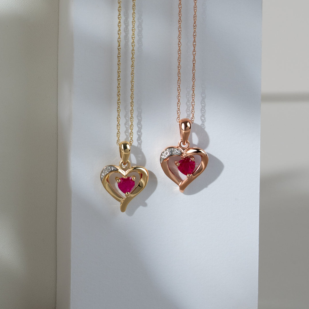 Classic Heart Ruby & Diamond Heart Pendant in 9ct Yellow Gold
