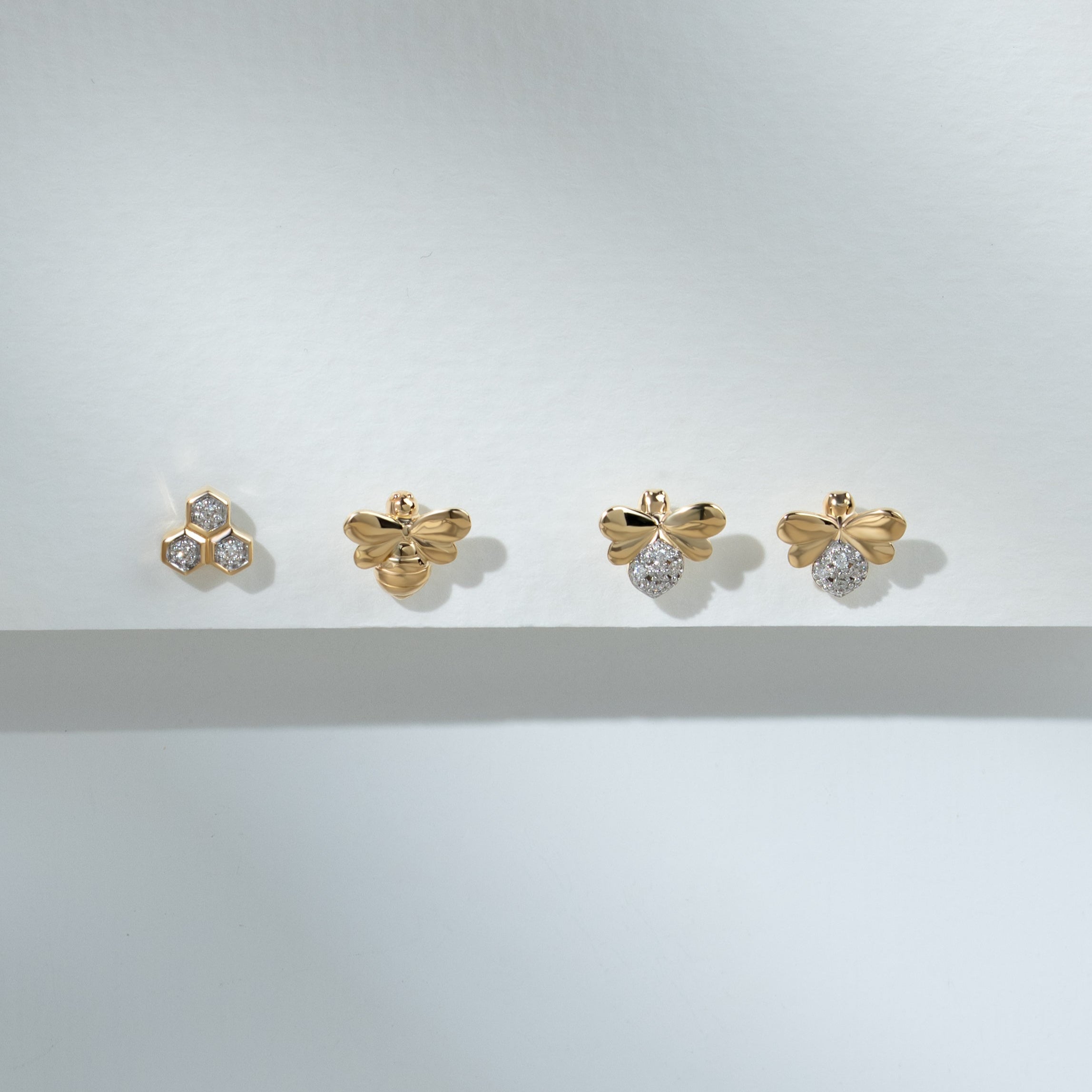 Honeycomb Inspired Diamond Bee Earrings in 9ct Yellow Gold