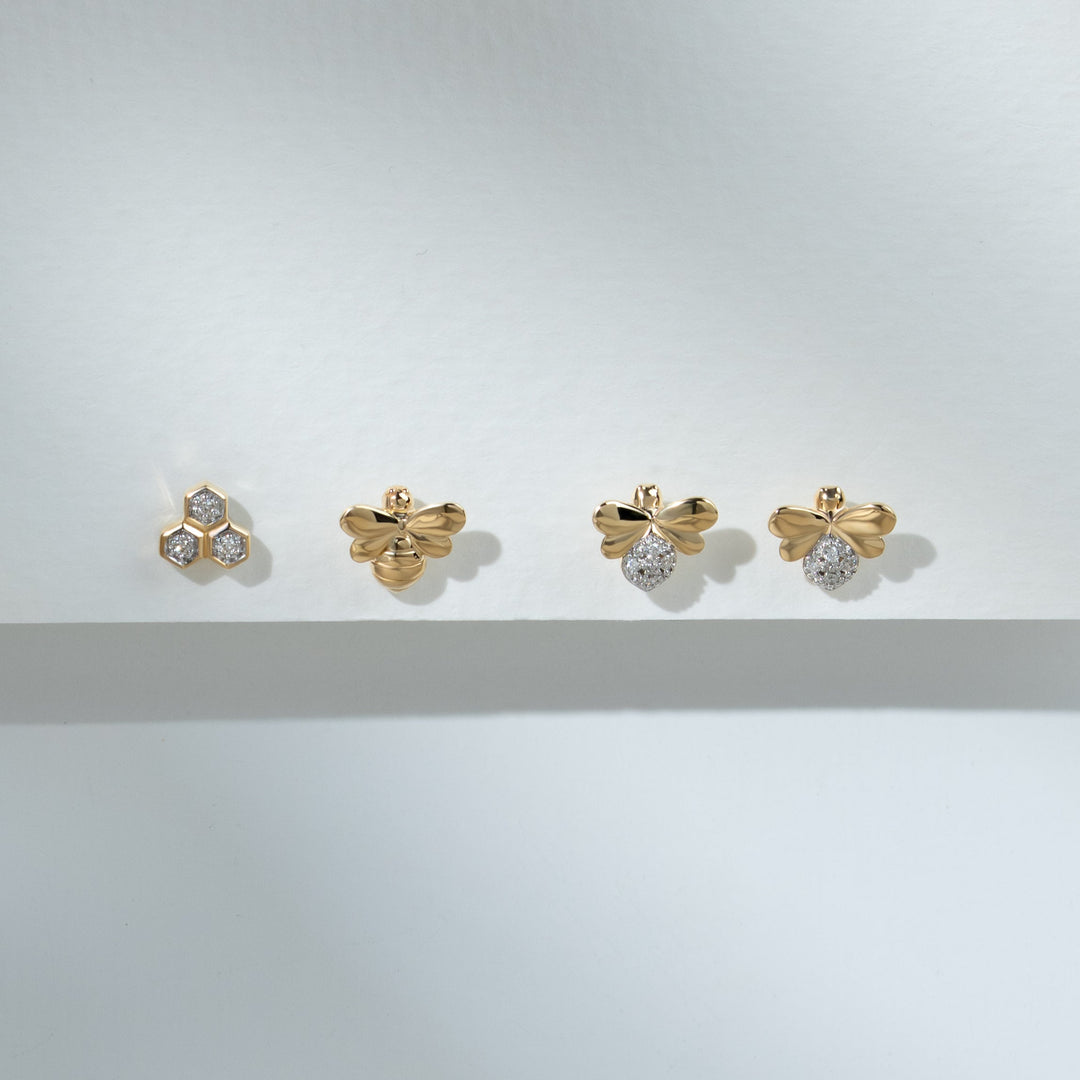 Honeycomb Inspired Diamond Bee Earrings in 9ct Yellow Gold