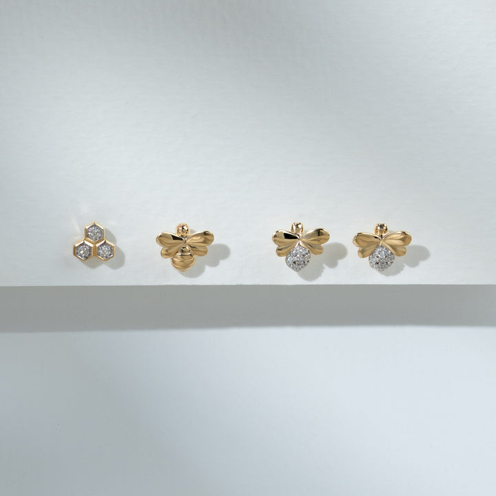 Honeycomb Inspired Diamond Bee Earrings in 9ct Yellow Gold