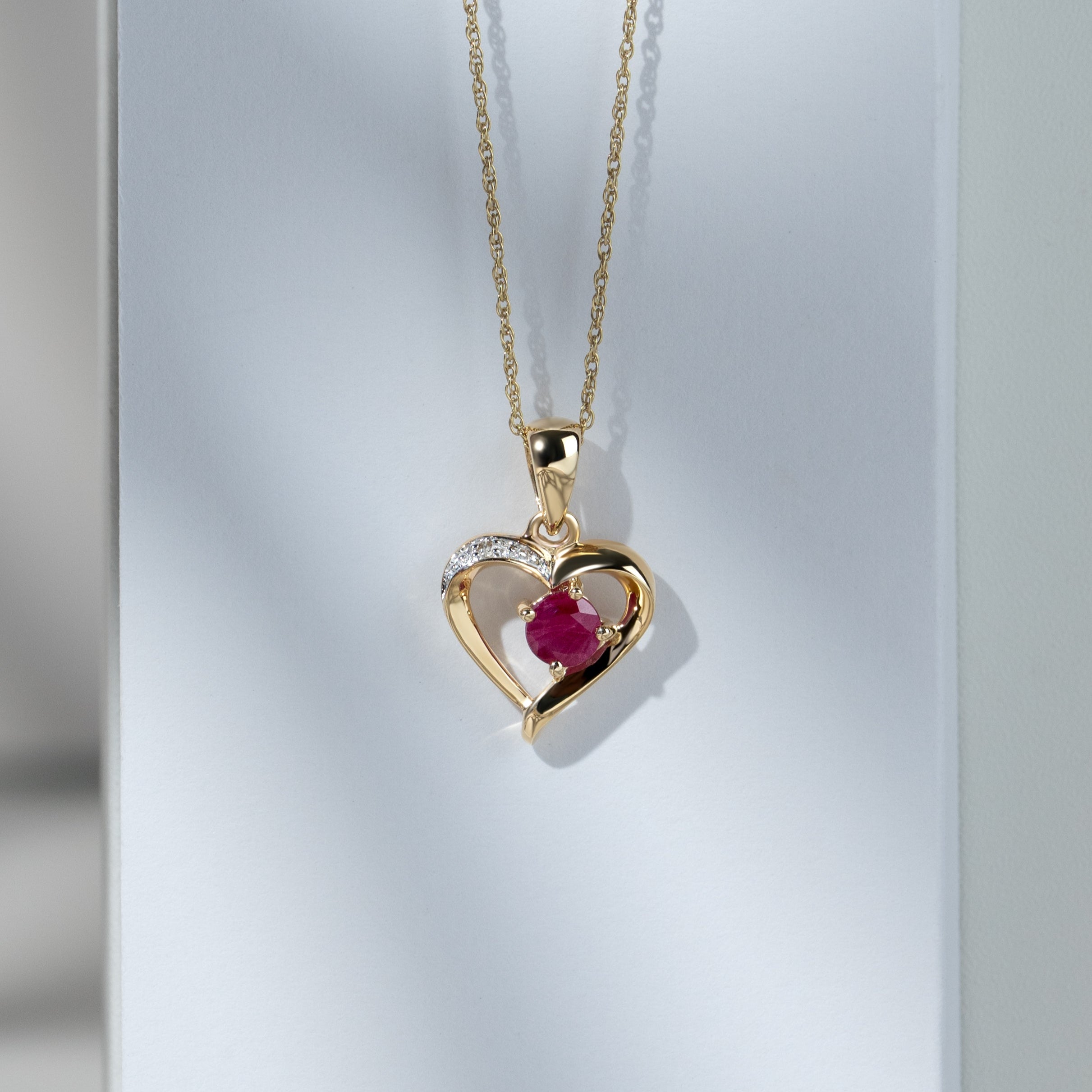 Classic Round Ruby & Diamond Heart Pendant in 9ct Yellow Gold