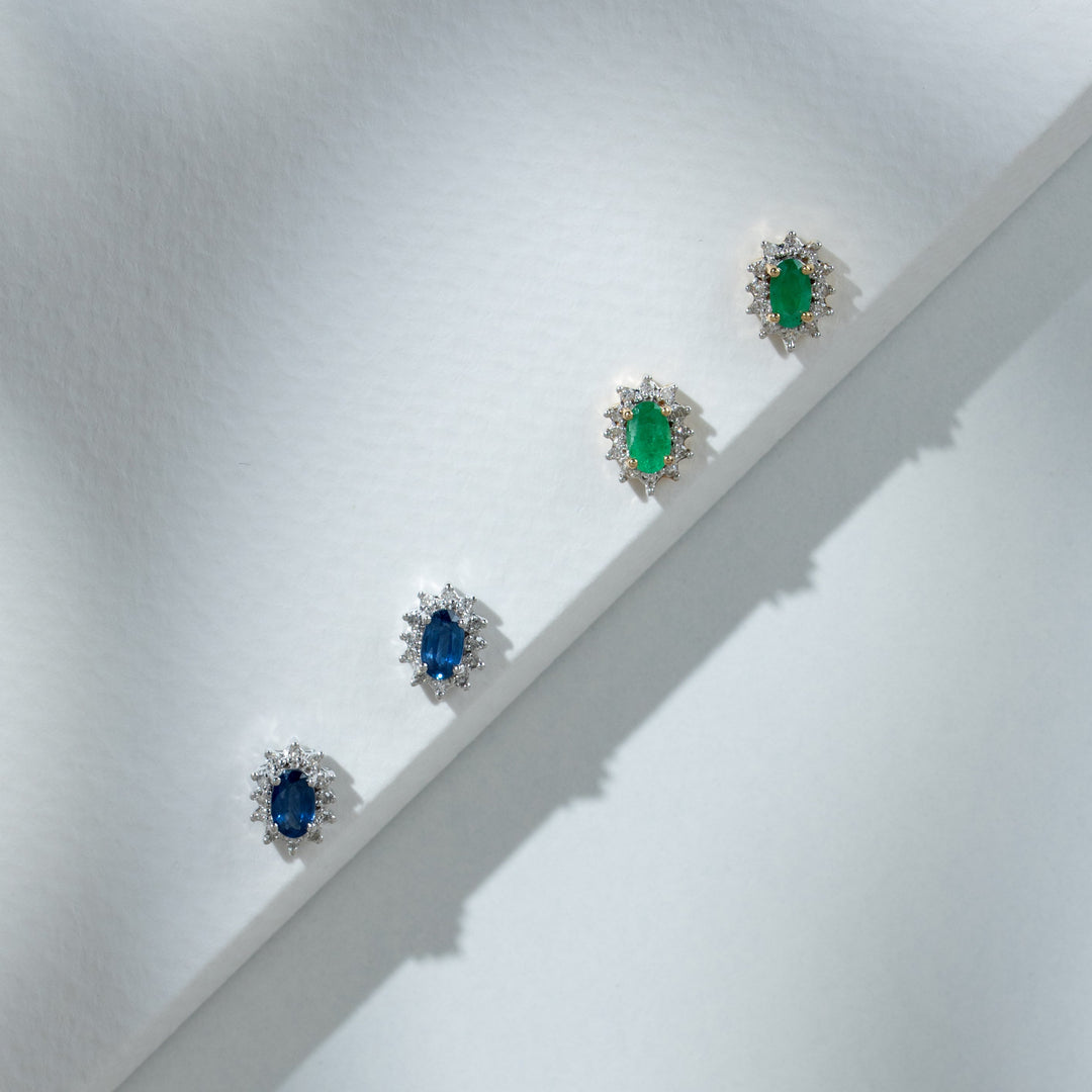 Classic Oval Light Blue Sapphire & Diamond Cluster Stud Earrings in 9ct White Gold