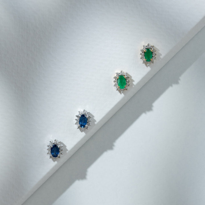 Classic Oval Light Blue Sapphire & Diamond Cluster Stud Earrings in 9ct White Gold