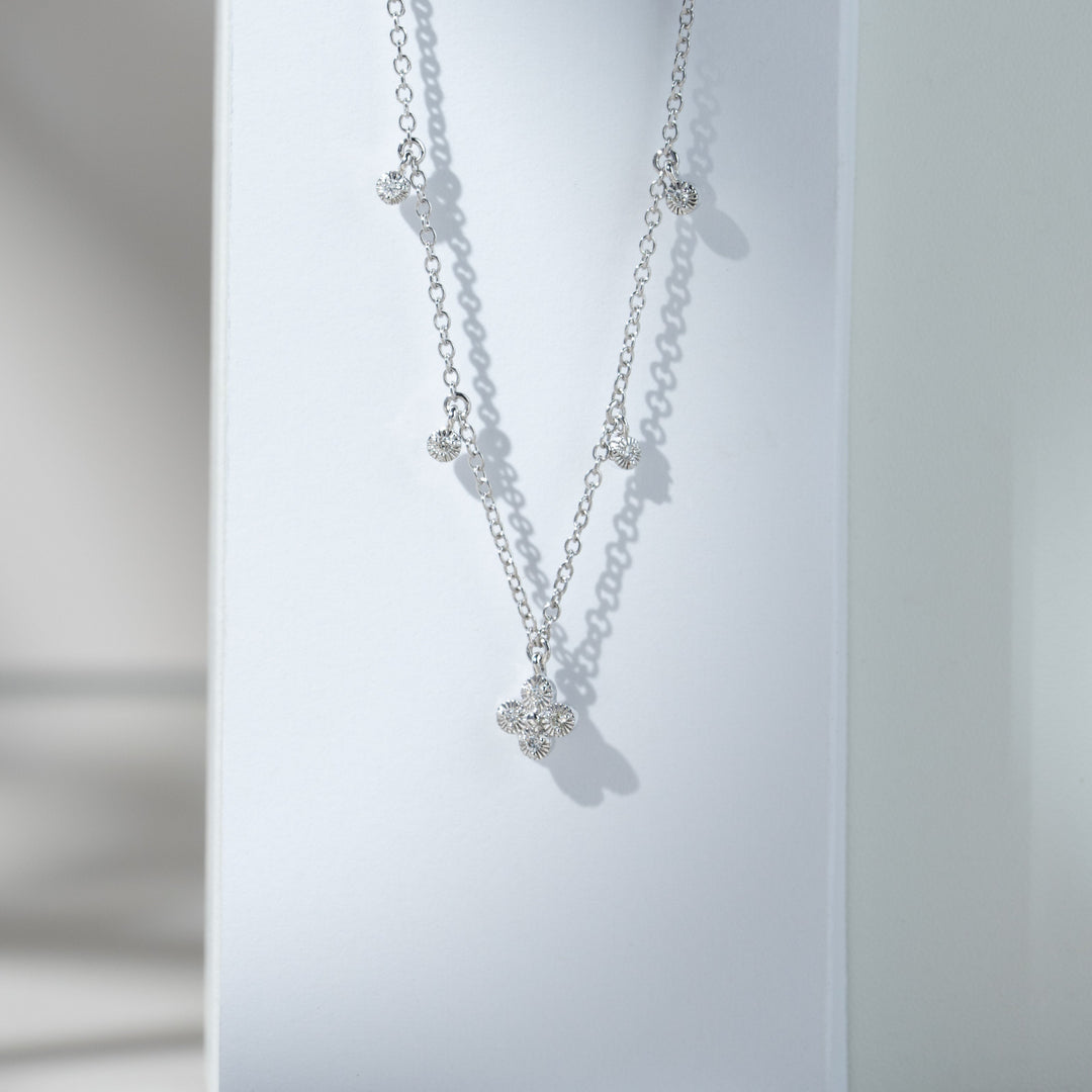 Diamond Flowers Choker Charm Necklace in 9ct White Gold