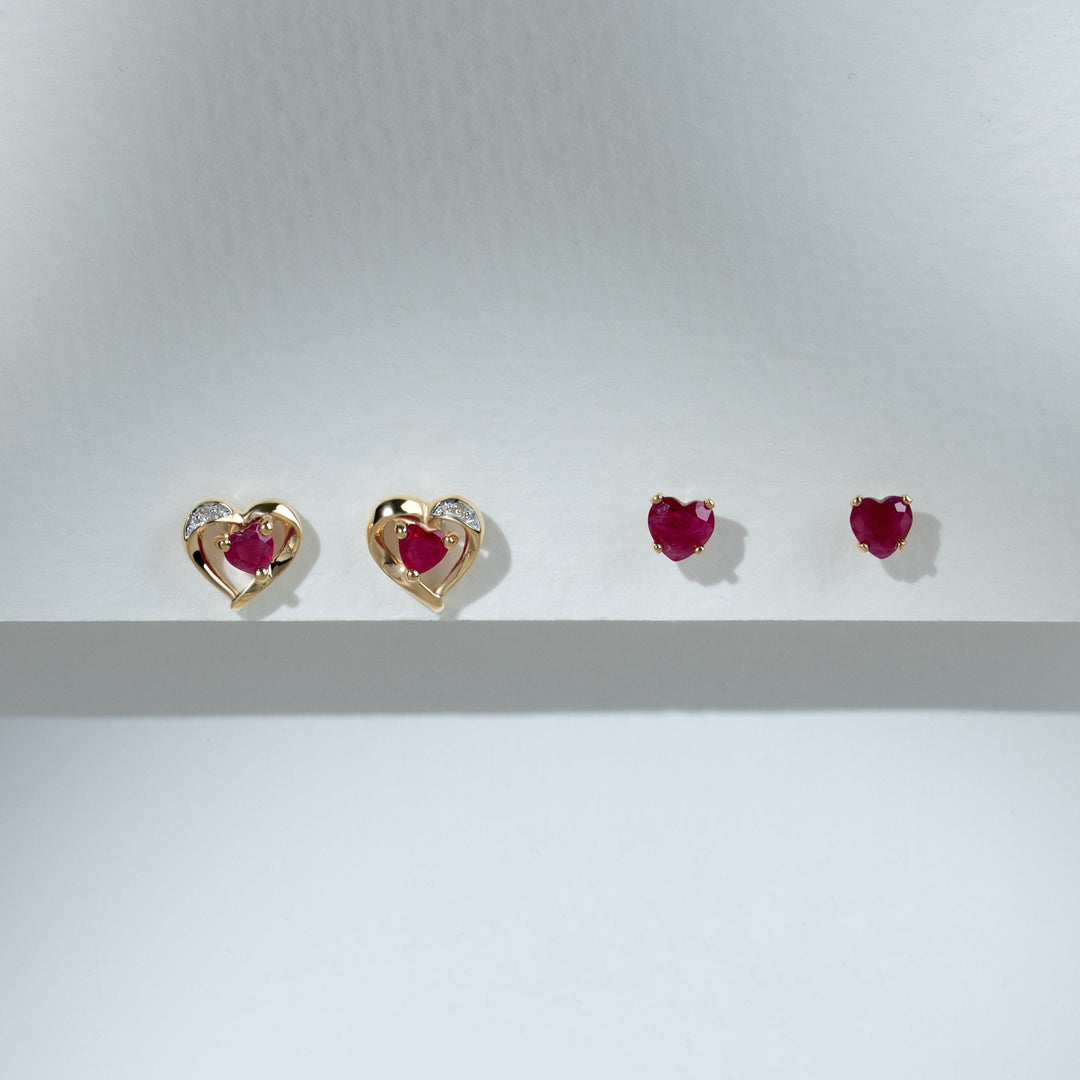 Classic Heart Ruby & Diamond Stud Earrings in 9ct Yellow Gold
