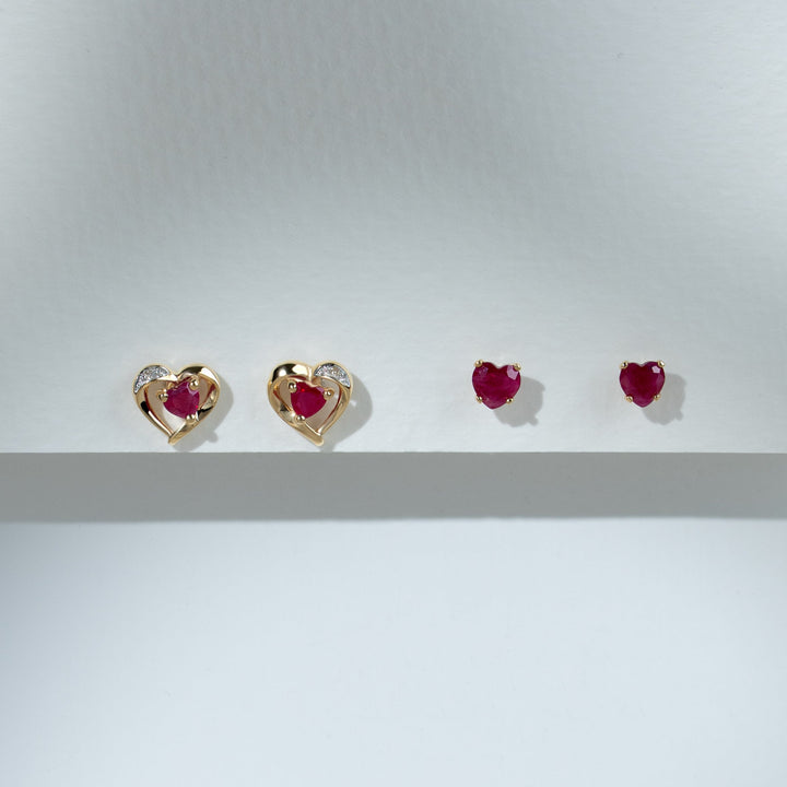 Classic Heart Ruby & Diamond Stud Earrings in 9ct Yellow Gold