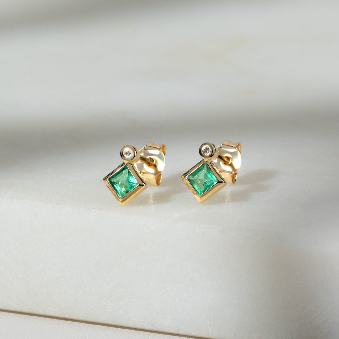 Classic Square Emerald & Diamond Bezel Set Stud Earrings in 9ct Yellow Gold