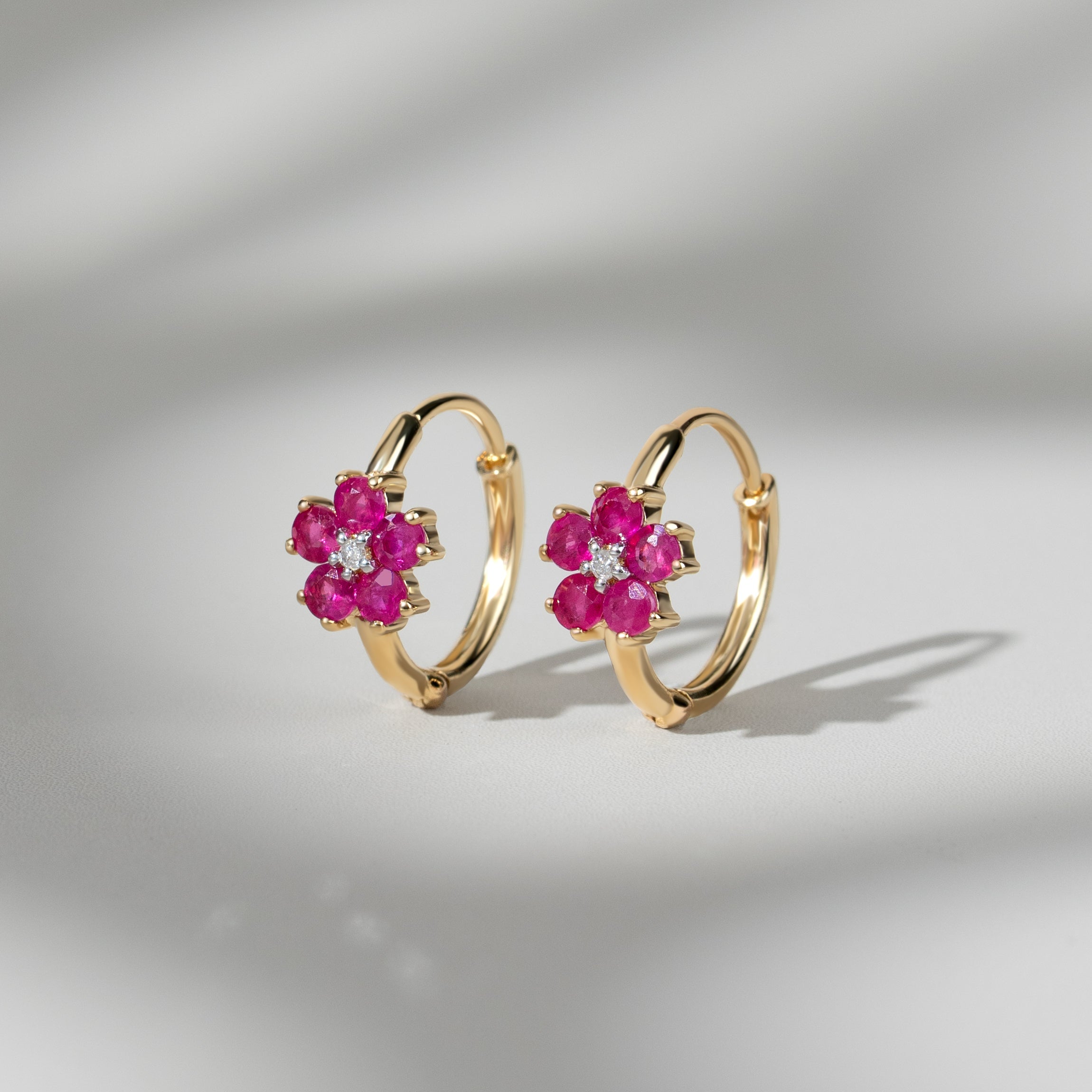 Floral Round Ruby & Diamond Hoop Earrings in 9ct Yellow Gold