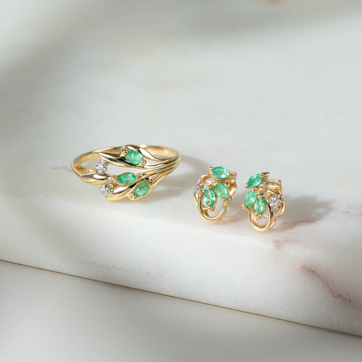 Floral Marquise Emerald & Diamond Stud Earrings in 9ct Yellow Gold