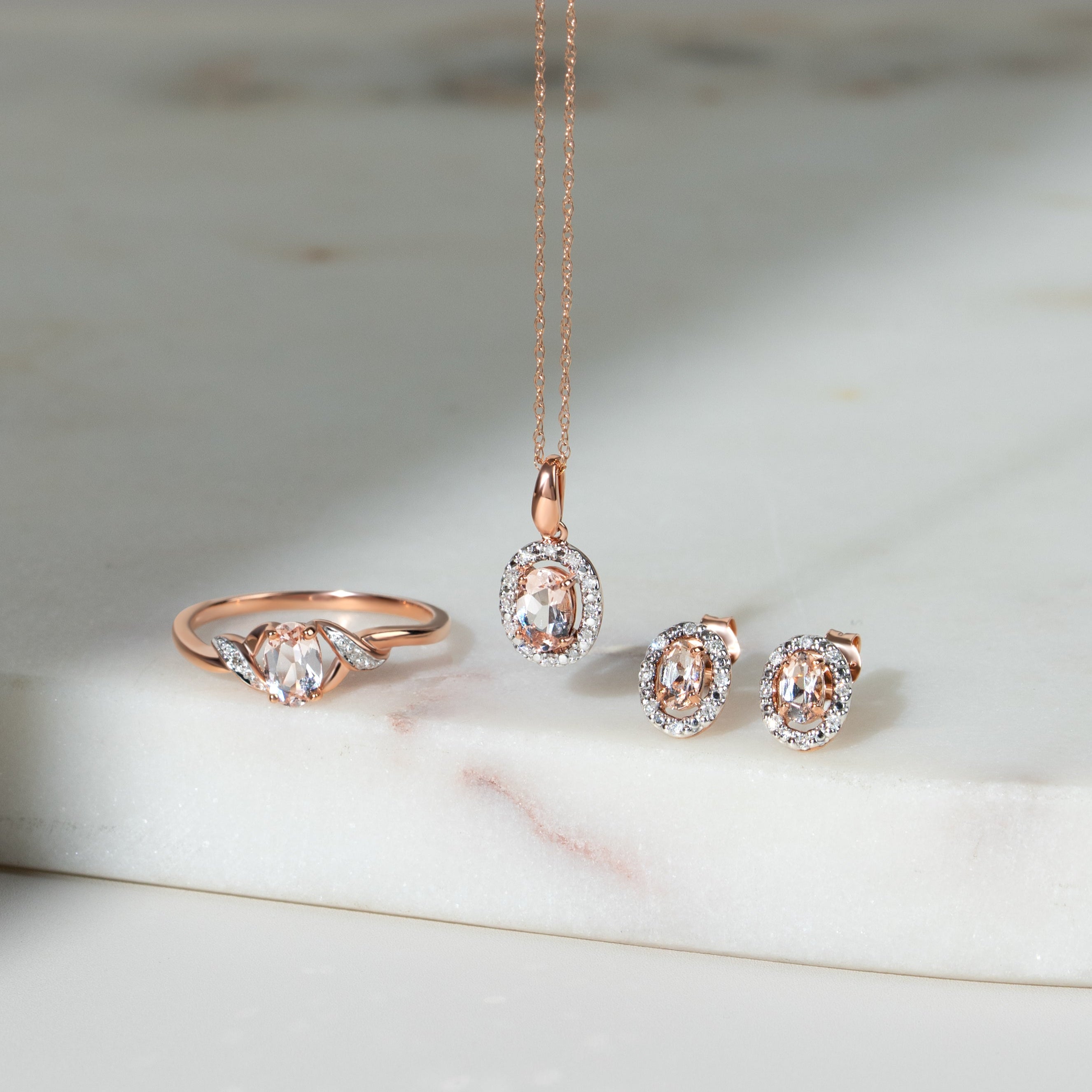 Classic Oval Morganite & Diamond Halo Stud Earrings & Pendant in 9ct Rose Gold