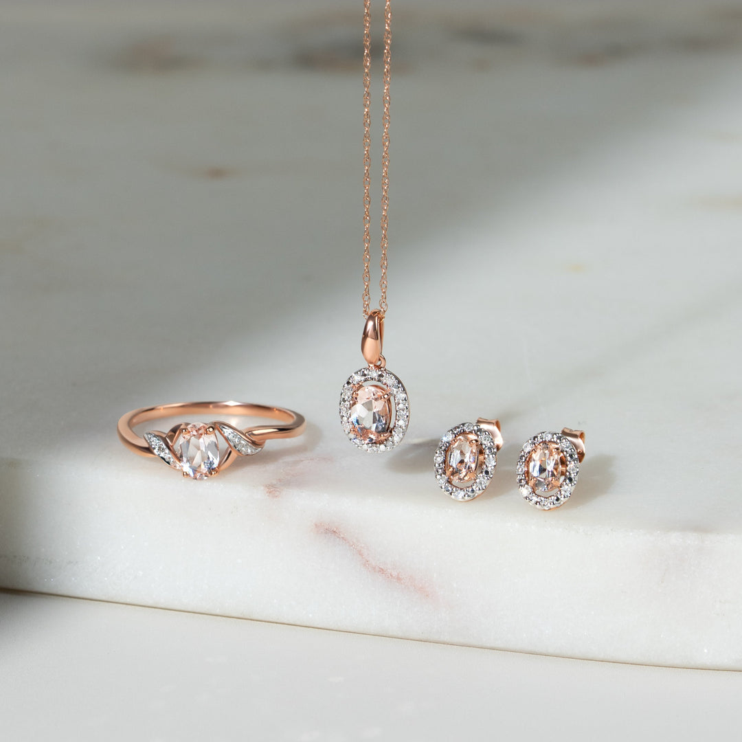 Classic Oval Morganite & Diamond Halo Pendant in 9ct Rose Gold