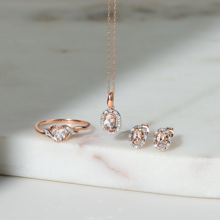 Classic Oval Morganite & Diamond Halo Pendant in 9ct Rose Gold