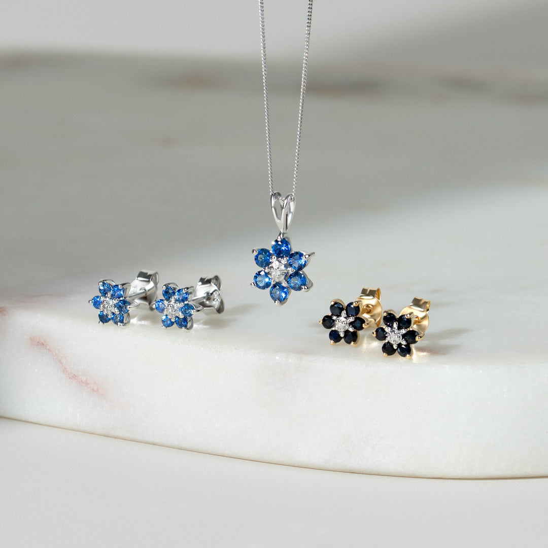 Floral Round Sapphire & Diamond Cluster Stud Earrings in 9ct Yellow Gold