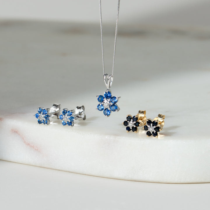 Floral Round Sapphire & Diamond Cluster Stud Earrings in 9ct Yellow Gold