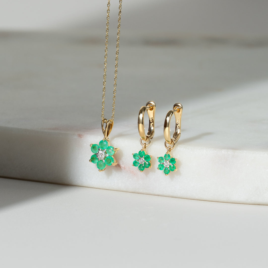 Floral Round Emerald & Diamond Cluster Pendant in 9ct Yellow Gold