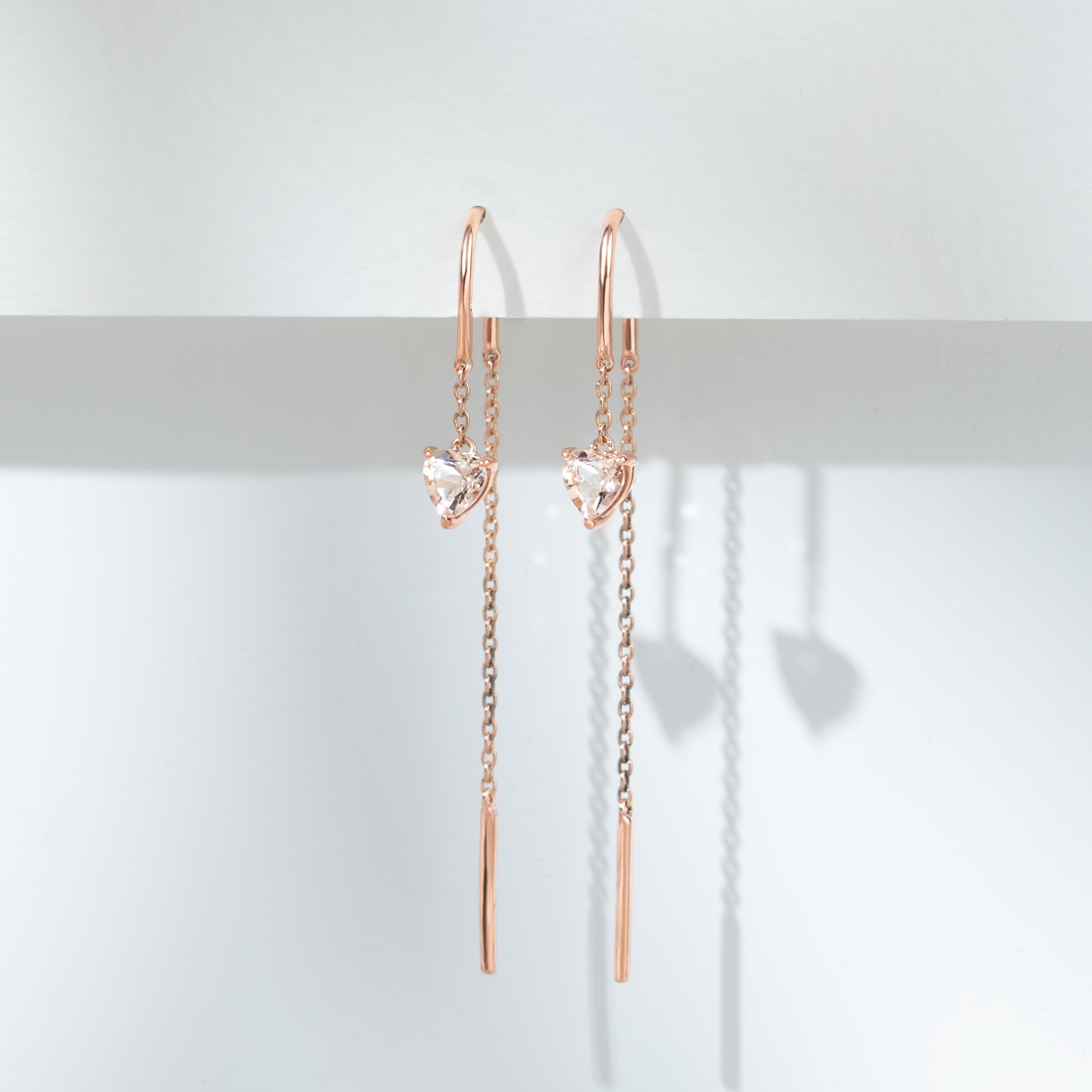 Morganite Heart Threader Earrings in 9ct Rose Gold