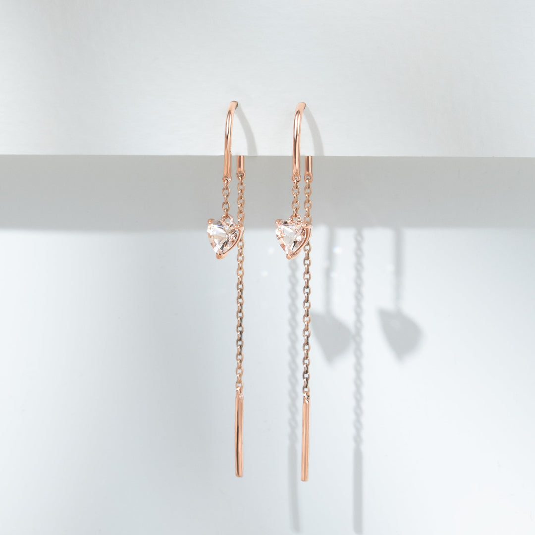 Morganite Heart Threader Earrings in 9ct Rose Gold