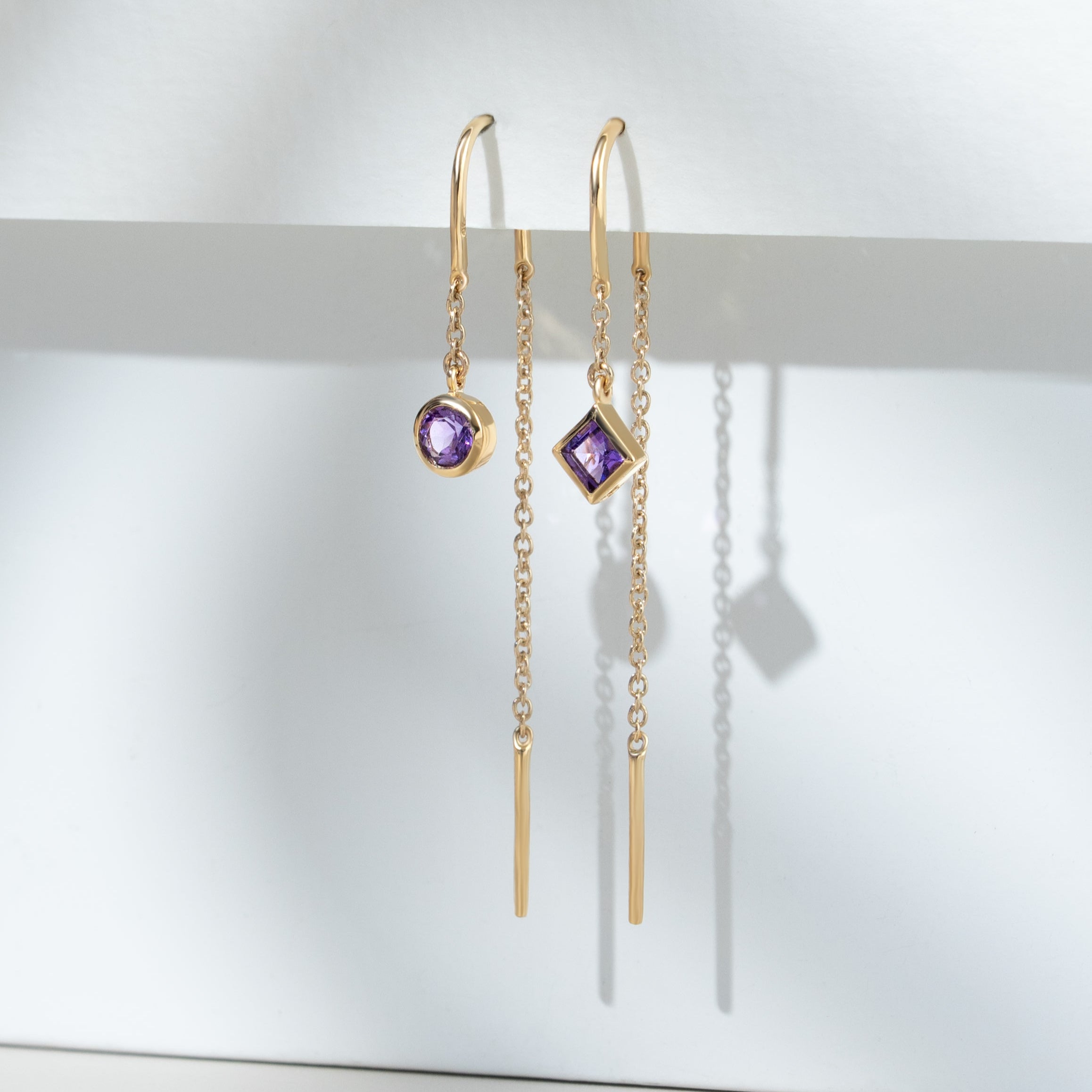 Micro Statement Amethyst Threader Earrings in 9ct Yellow Gold