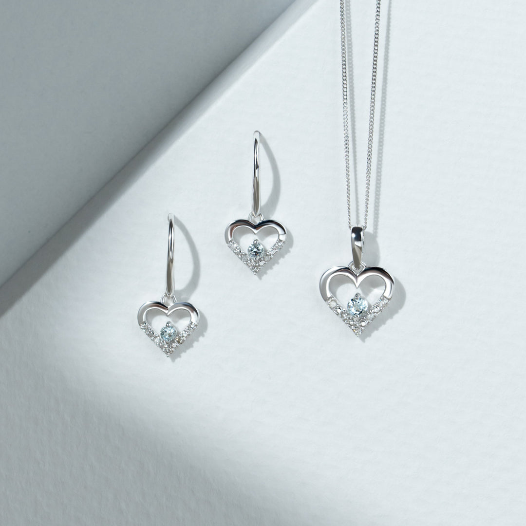 Classic Aquamarine & Diamond Love Heart Shaped Pendant in 9ct White Gold
