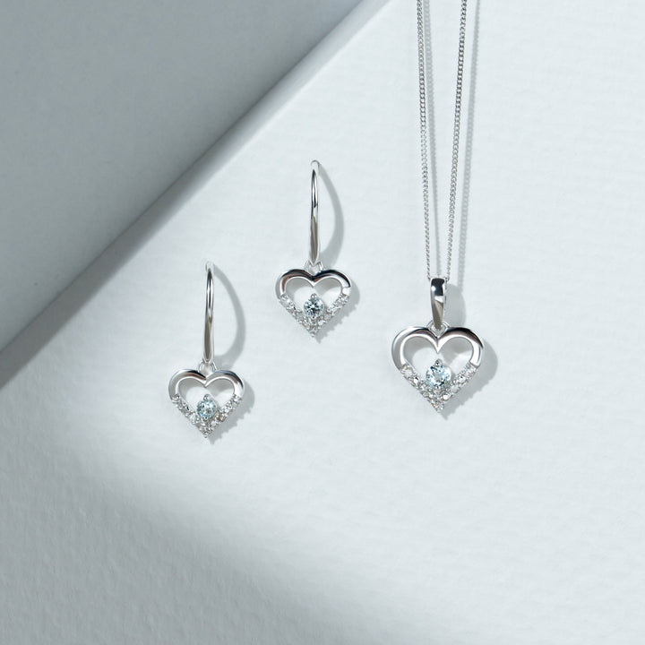 Classic Aquamarine & Diamond Love Heart Shaped Pendant in 9ct White Gold