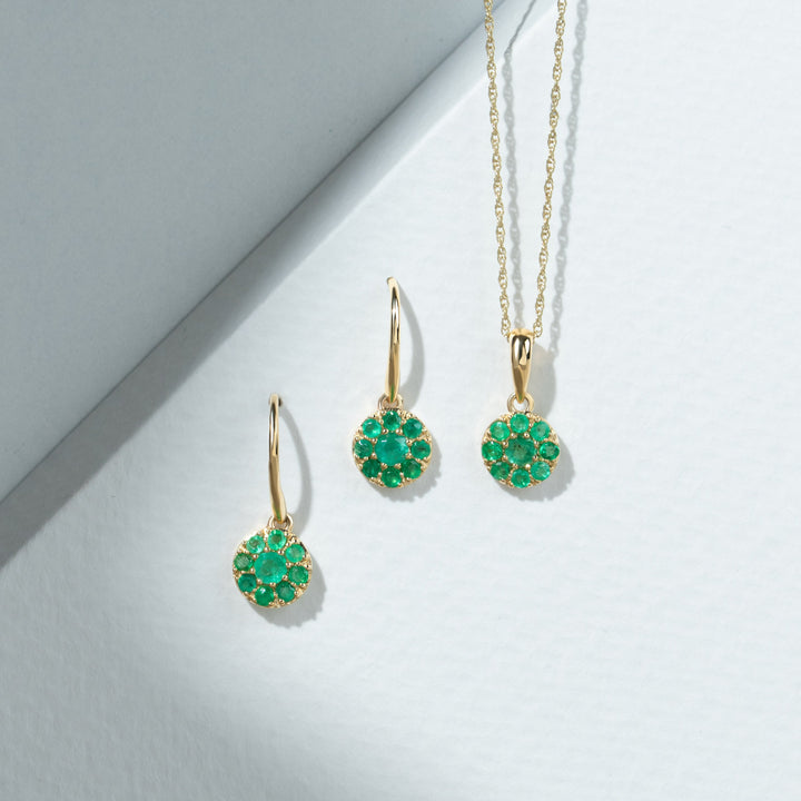 Cluster Round Emerald Classic Pendant and Chain in 9ct Yellow Gold