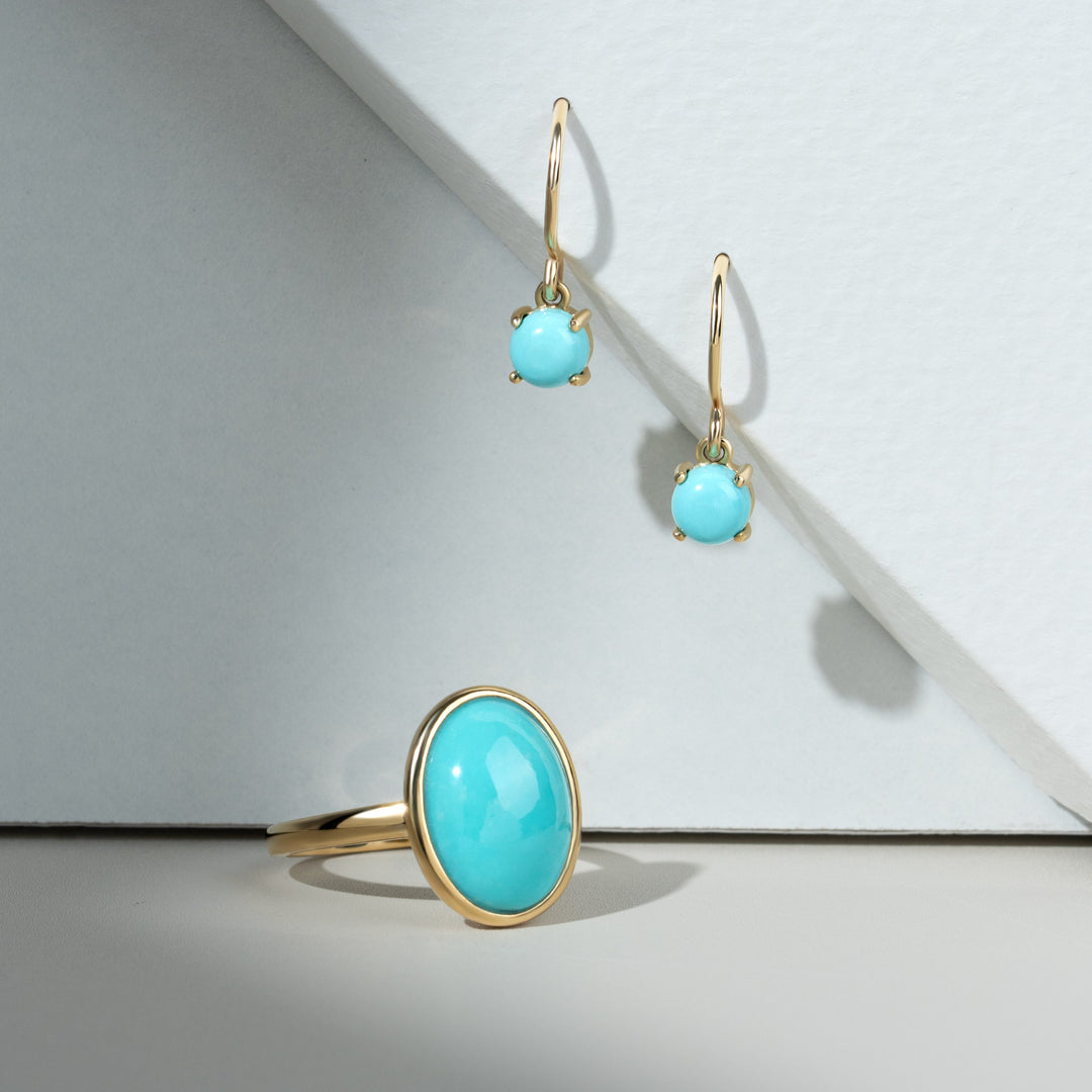 Classic Round Turquoise Cabochon Drop Earrings in 9ct Yellow Gold