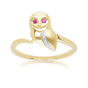 Gardenia Ruby and White Sapphire Owl Ring in 9ct Yellow Gold 135R2103019