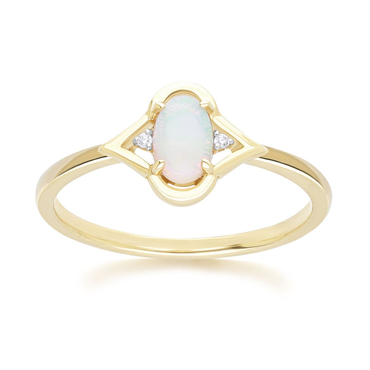 Classic Oval Opal & Round Diamond Ring in 9ct Yellow Gold