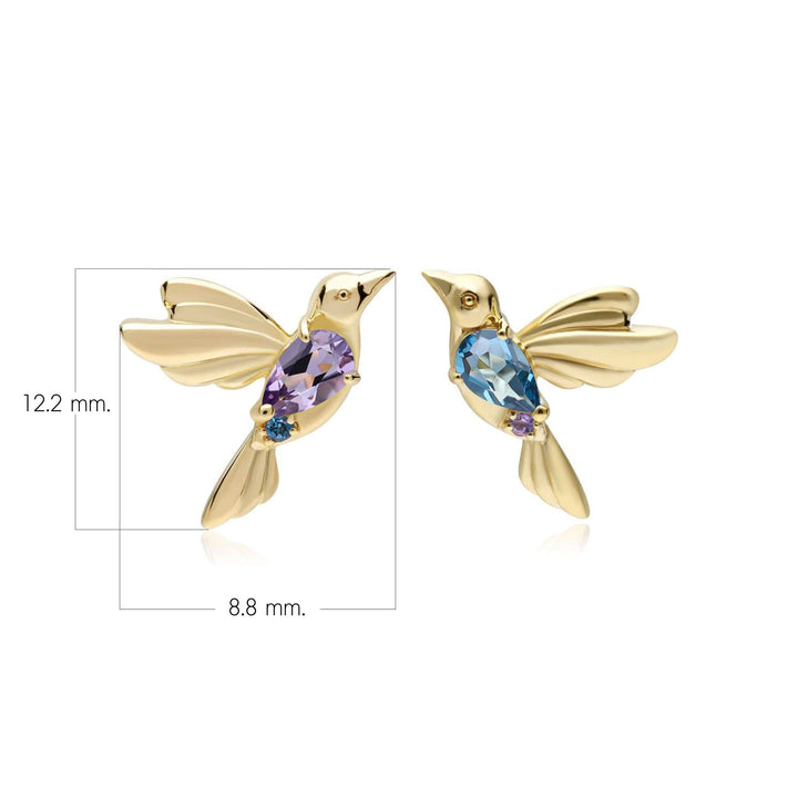 ECFEW™ Pink Amethyst and Blue Topaz Hummingbird Stud Earrings in 925 Sterling Silver