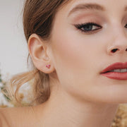 Floral Ruby Three Stone Stud Earrings in 9ct Yellow Gold