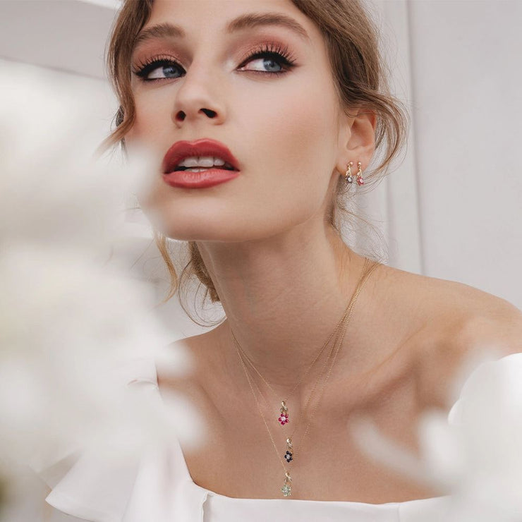 Floral Ruby & Diamond Pendant Necklace in 9ct Yellow Gold