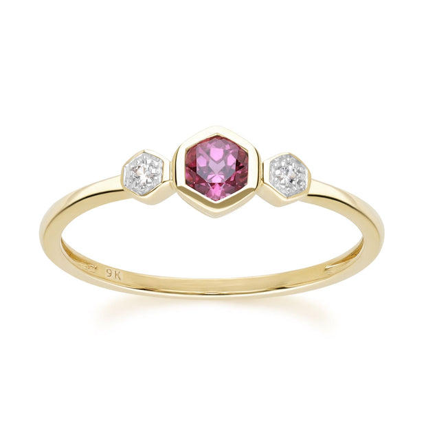 Geometric Round Rhodolite and Sapphire Ring in 9ct Yellow Gold