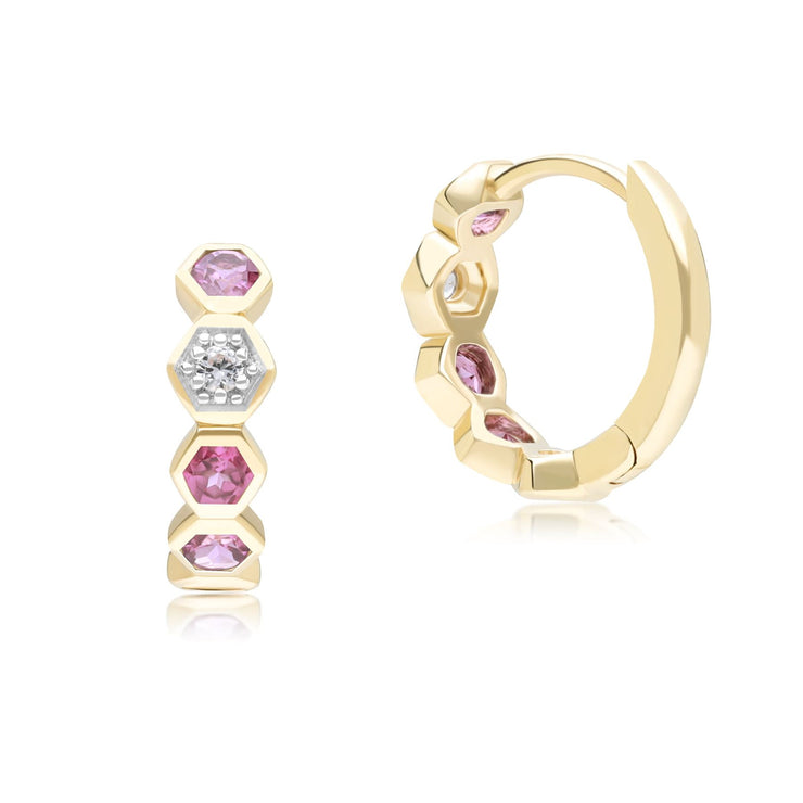 Geometric Round Rhodolite and Sapphire Hoop Earrings in 9ct Yellow Gold