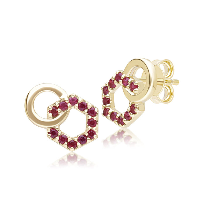 Geometric Hexagon and Round Linked with Prong set Ruby Stud Earrings in 9ct Yellow Gold