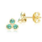 Floral Emerald Three Stone Stud Earrings in 9ct Yellow Gold