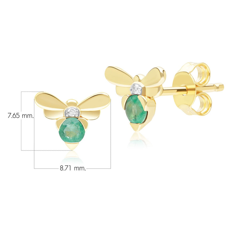 Honeycomb Inspired Emerald and Diamond Bee Stud Earrings in 9ct Yellow Gold