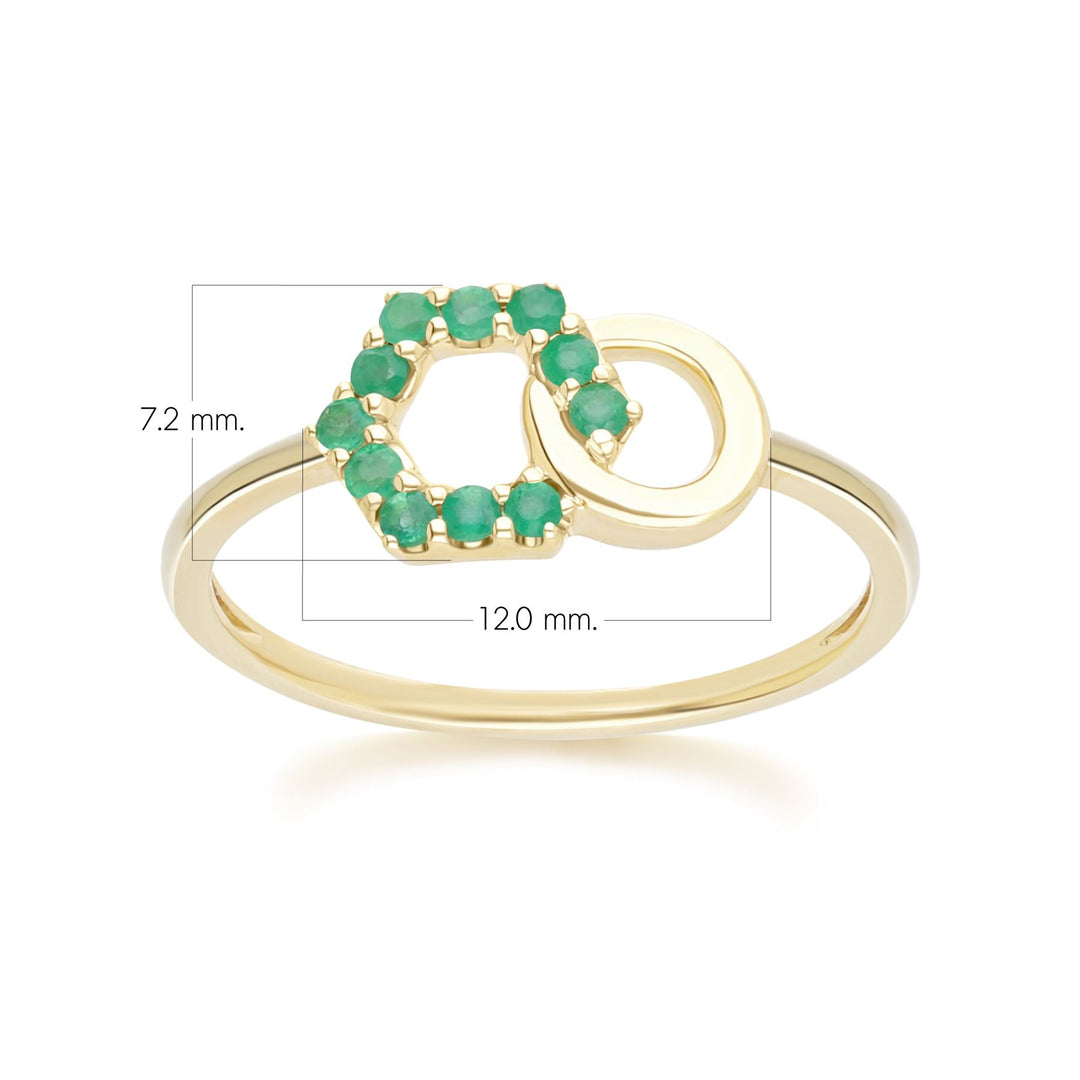Geometric Hexagon and Round Linked with Prong Set Emerald Ring in 9ct Yellow Gold