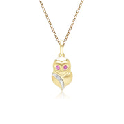 Gardenia Ruby and White Sapphire Owl Pendant Necklace in 9ct Yellow Gold