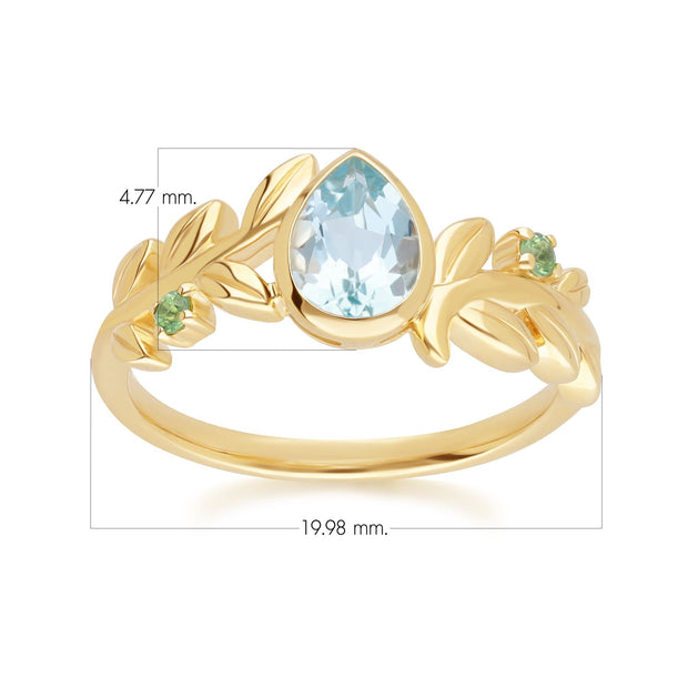 O Leaf Sky Blue topaz & Tsavorite Ring In 9ct Yellow Gold