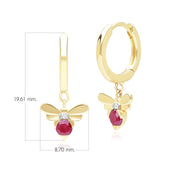 Honeycomb Inspired Ruby and Diamond Bee Hoop Earrings in 9ct Yellow Gold