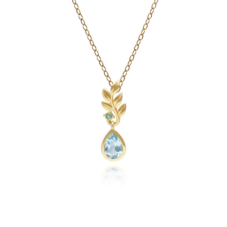 O Leaf Sky Blue topaz & Tsavorite Pendant In 9ct Yellow Gold