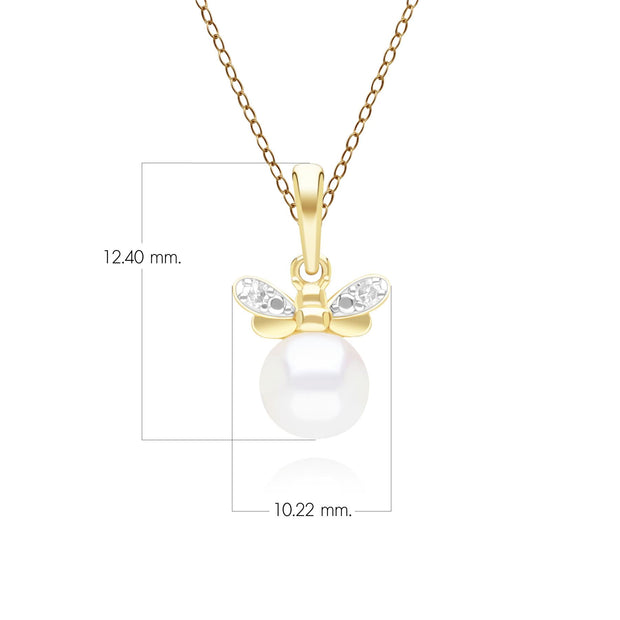 Honeycomb Inspired Pearl and Diamond Bee Pendant Necklace in 9ct Yellow Gold