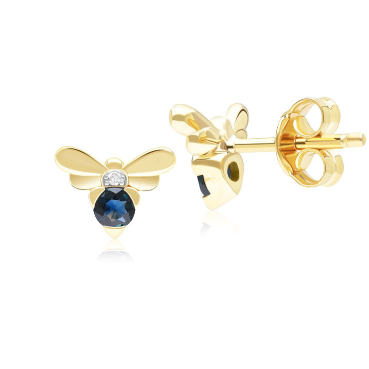 Honeycomb Inspired Blue Sapphire and Diamond Bee Stud Earrings in 9ct Yellow Gold