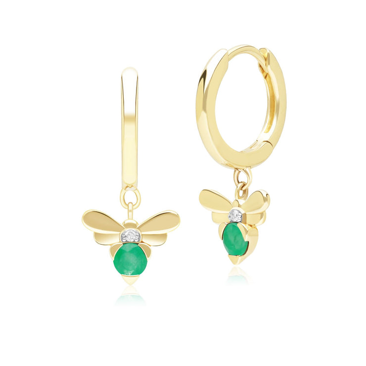 Honeycomb Inspired Emerald and Diamond Bee Hoop Earrings in 9ct Yellow Gold