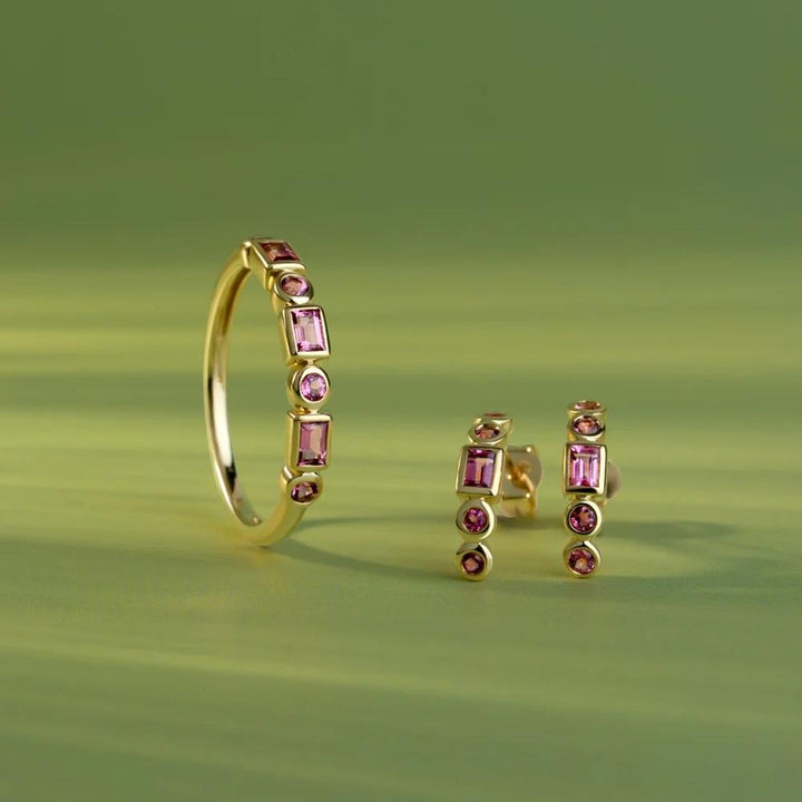 Classic Pink Tourmaline Half Eternity Hoop Earrings in 9ct Yellow Gold