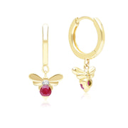 Honeycomb Inspired Ruby and Diamond Bee Hoop Earrings in 9ct Yellow Gold