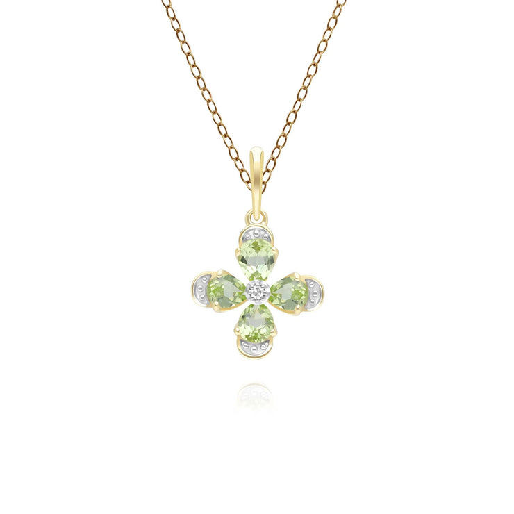 Floral Peridot & Diamond Pendant Necklace in 9ct Yellow Gold