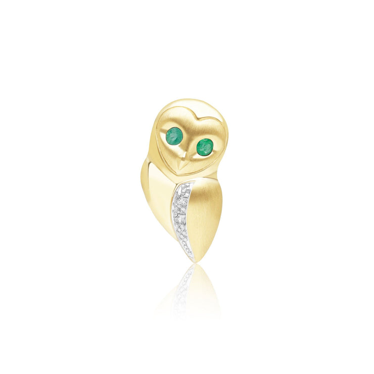 Gardenia Emerald and White Sapphire Owl Pin in 9ct Yellow Gold