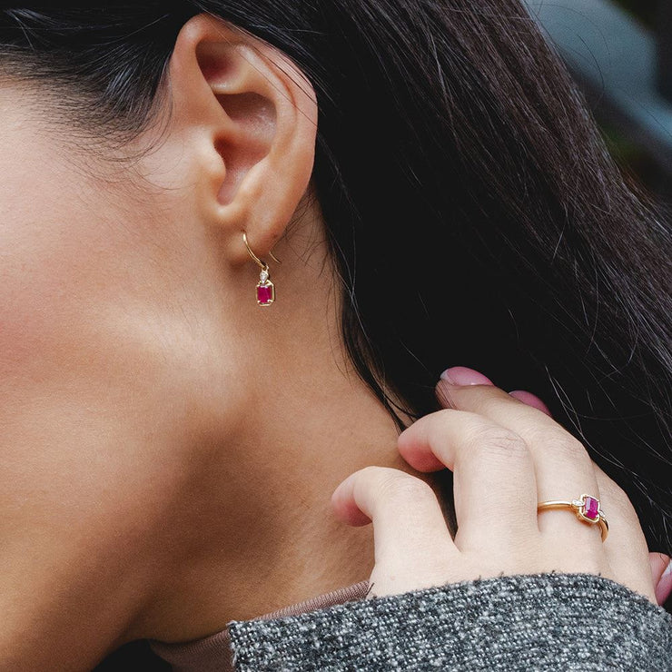 Classic Ruby Baguette & Diamond Drop Earrings In 9ct Yellow Gold